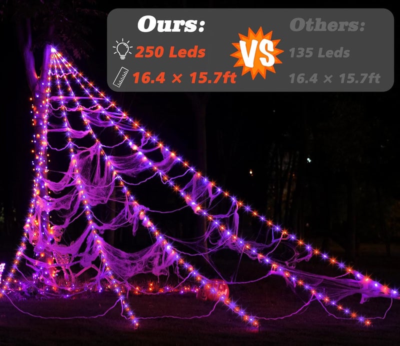 Zivilic Halloween Spider Web Lights 250 LED Lighted Spider Web Giant 16.4Ft Halloween Decorations Light up with 8 Lighting Modes Waterproof & Timer for Outdoor Indoor Yard Haunted House Decor, Purple & Orange - Image 2